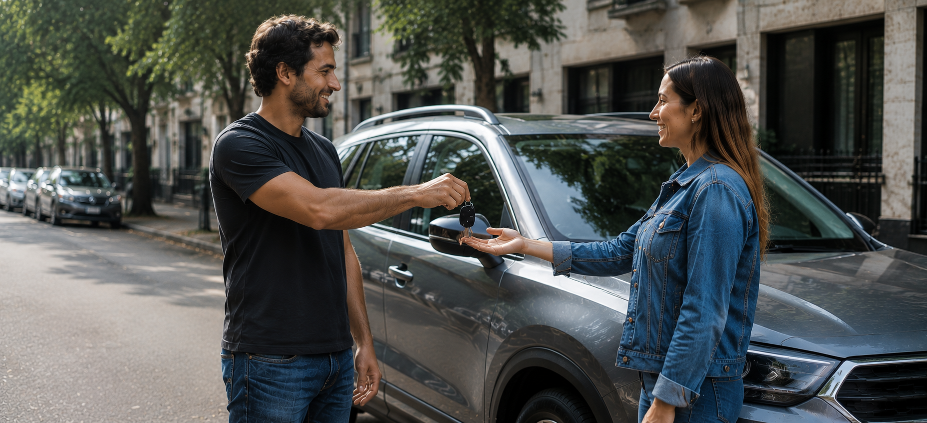 Dos particulares concretando la entrega de un auto
