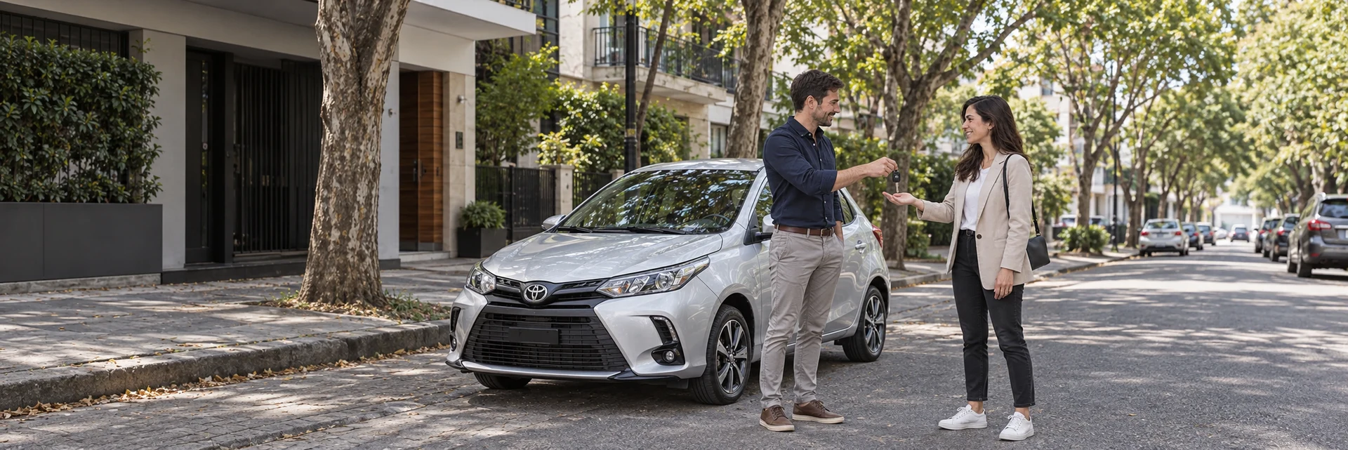 Escena ilustrativa de dos particulares junto a un Toyota Yaris