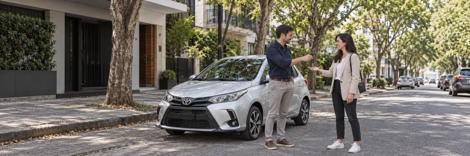 Escena ilustrativa de dos particulares junto a un Toyota Yaris